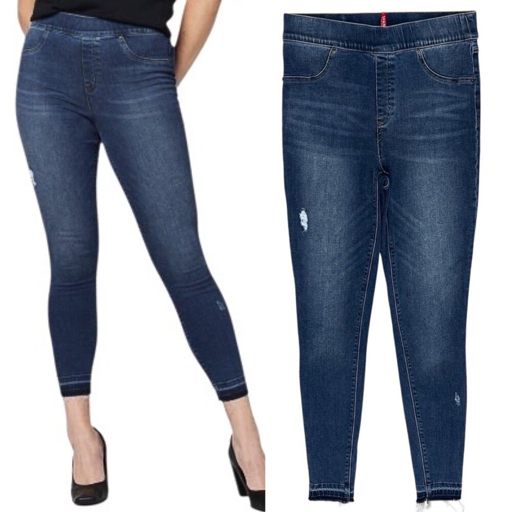 Spanx Distressed Denim Leggings Release Hem Skinny Jeans in Medium Wash Size LT